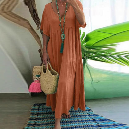 Women's Solid Color Loose V-Neck Short Sleeve Big Swing Maxi Dress Summer Casual Vacation Outfit Plus Size