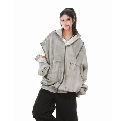 TALISHKO / SUPERMADE Street Washed Distressed Stitching Rivet Hooded Jacket