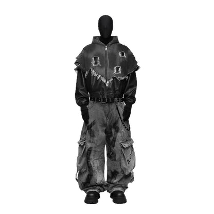 KIIKIO Streetwear Cargo Denim Pants with Belt and Chain Details