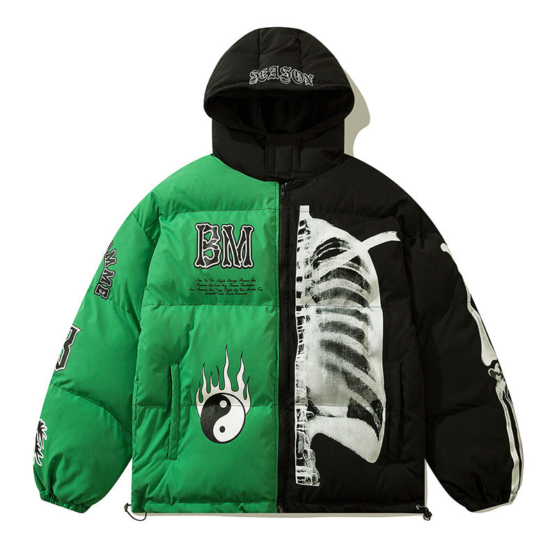 Women's Street Guochao Flame Taichi Contrast Color Hooded Thickened Puffer Jacket American Retro Unisex | Taichi Flame Puffer