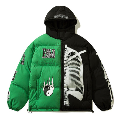 Women's Street Guochao Flame Taichi Contrast Color Hooded Thickened Puffer Jacket American Retro Unisex | Taichi Flame Puffer