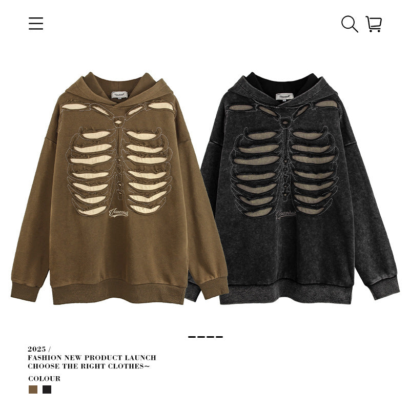 VANCARHELL Skeleton Ribcage Acid Wash Hoodie
