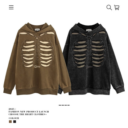 VANCARHELL Skeleton Ribcage Acid Wash Hoodie