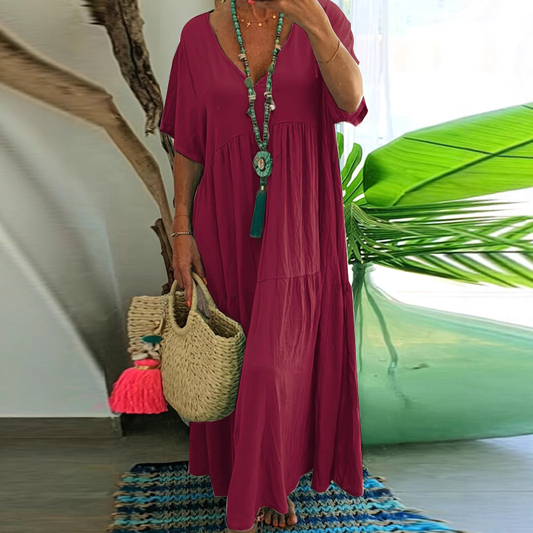 Women's Solid Color Loose V-Neck Short Sleeve Big Swing Maxi Dress Summer Casual Vacation Outfit Plus Size - Seldom Seen Styles