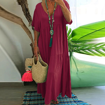 Women's Solid Color Loose V-Neck Short Sleeve Big Swing Maxi Dress Summer Casual Vacation Outfit Plus Size
