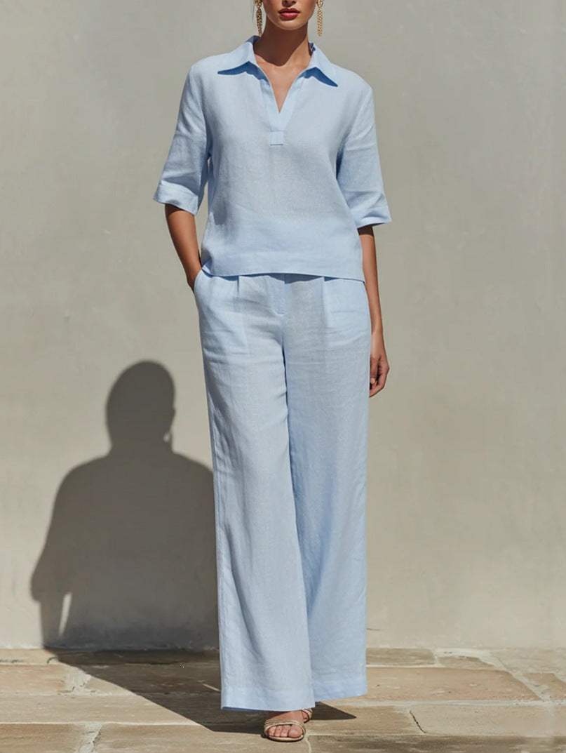 Women's Linen Two Piece Pants Set V Neck Blouse and Wide Leg Pants Casual Vacation Outfit - Seldom Seen Styles