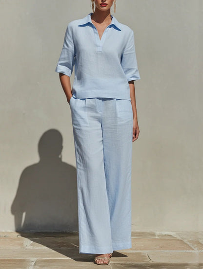 Women's Linen Two Piece Pants Set V Neck Blouse and Wide Leg Pants Casual Vacation Outfit