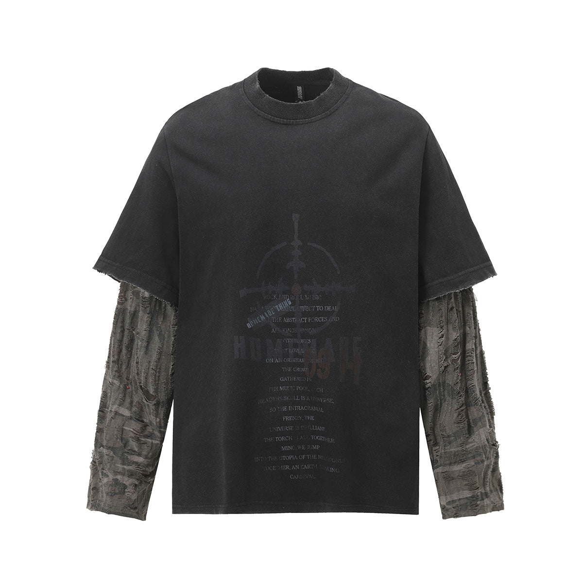 Faux Two-Piece Distressed Camo Sleeve Long Sleeve Tee - Washed Black