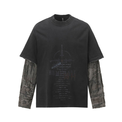 Faux Two-Piece Distressed Camo Sleeve Long Sleeve Tee - Washed Black