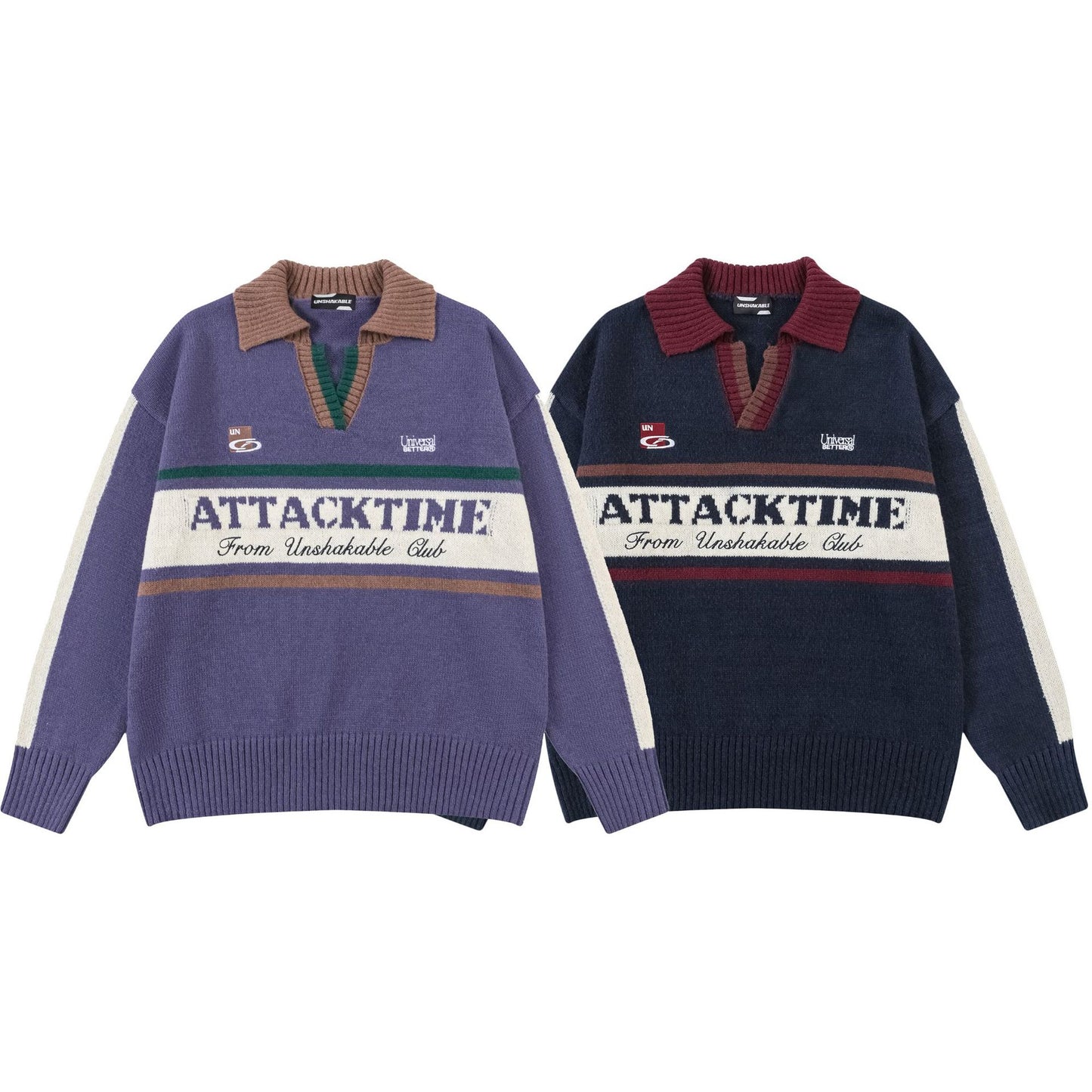 V-Neck Lapel Long Sleeve Color Block Letter Print Knit Sweater Loose Oversized Vintage College Style Autumn Winter Pullover | Attack Knit