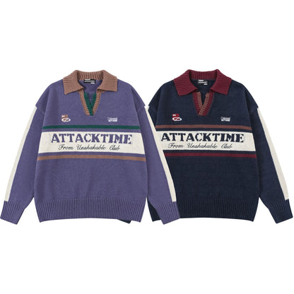V-Neck Lapel Long Sleeve Color Block Letter Print Knit Sweater Loose Oversized Vintage College Style Autumn Winter Pullover | Attack Knit