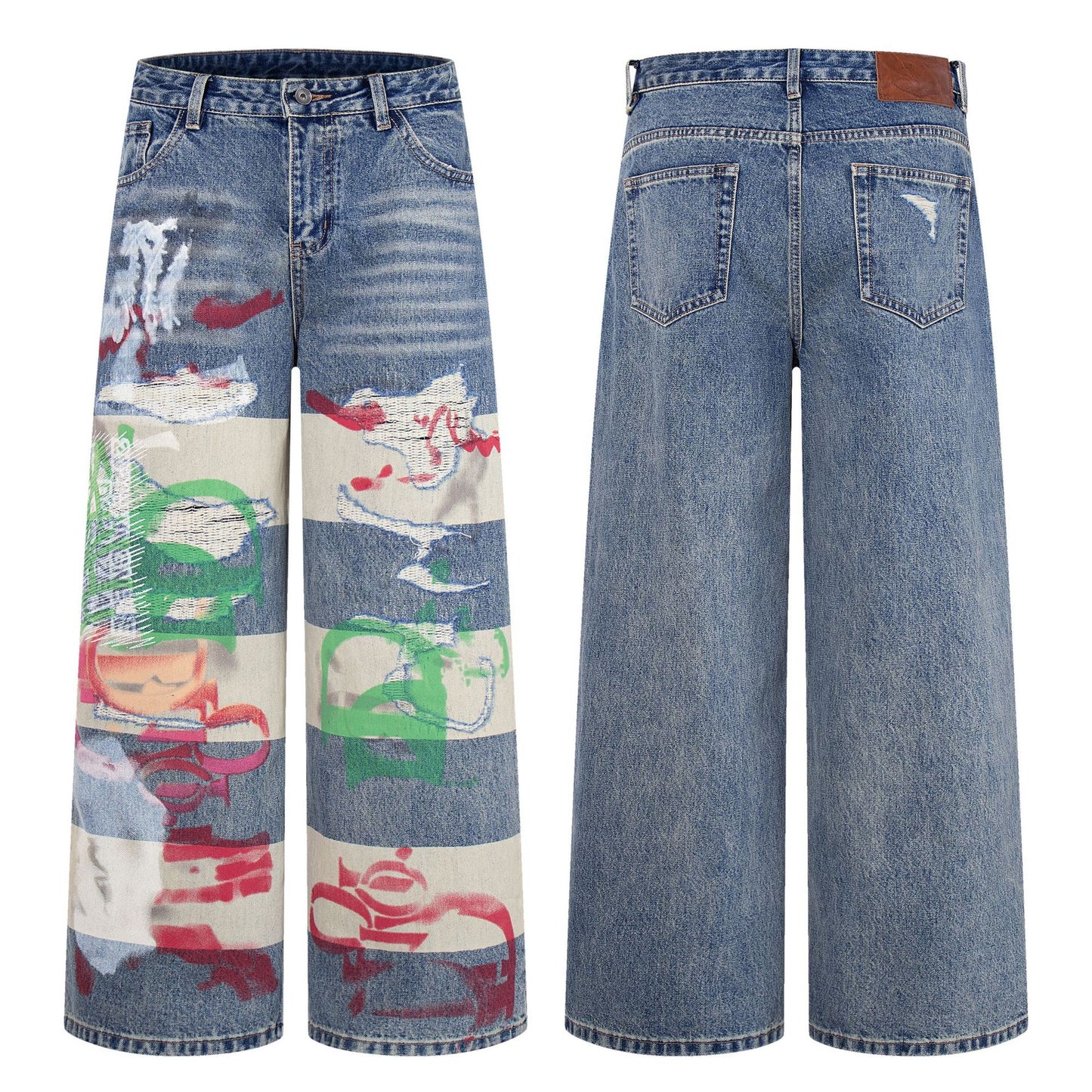 Graffiti Digital Spray Hole Patch Washed Heavy Straight Jeans Retro American Trendy Casual Denim Trousers | Spray Patch