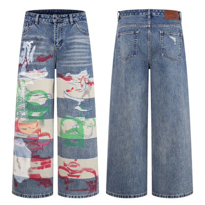 Graffiti Digital Spray Hole Patch Washed Heavy Straight Jeans Retro American Trendy Casual Denim Trousers | Spray Patch
