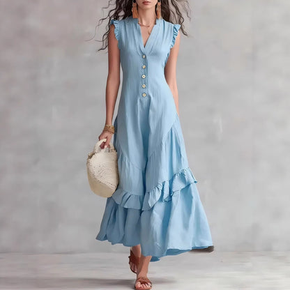Women's Cotton Linen Maxi Dress Sleeveless V Neck Button Front Ruffle Hem Boho Summer Dress with Pockets