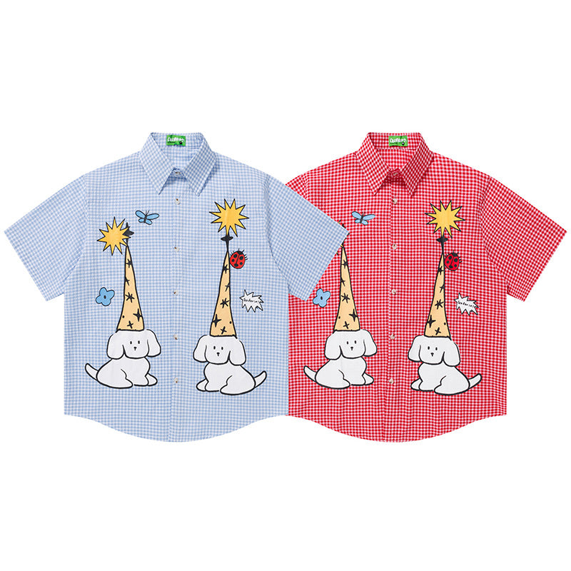 Graphic Dog Giraffe Print Plaid Shirt Short Sleeve Oversized Button Down Casual Summer Streetwear Shirt | Pup Plaid Shirt