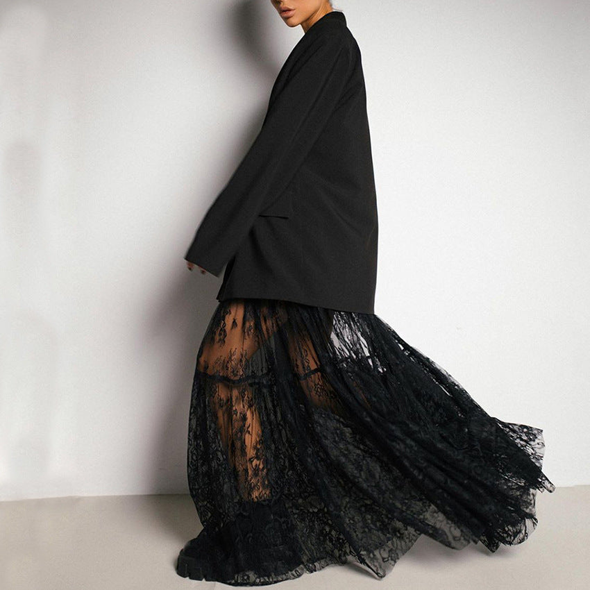 Sexy lace perspective high waist commuter black skirt women's summer 2026 European and American fashion mesh dress wholesale - Seldom Seen Styles