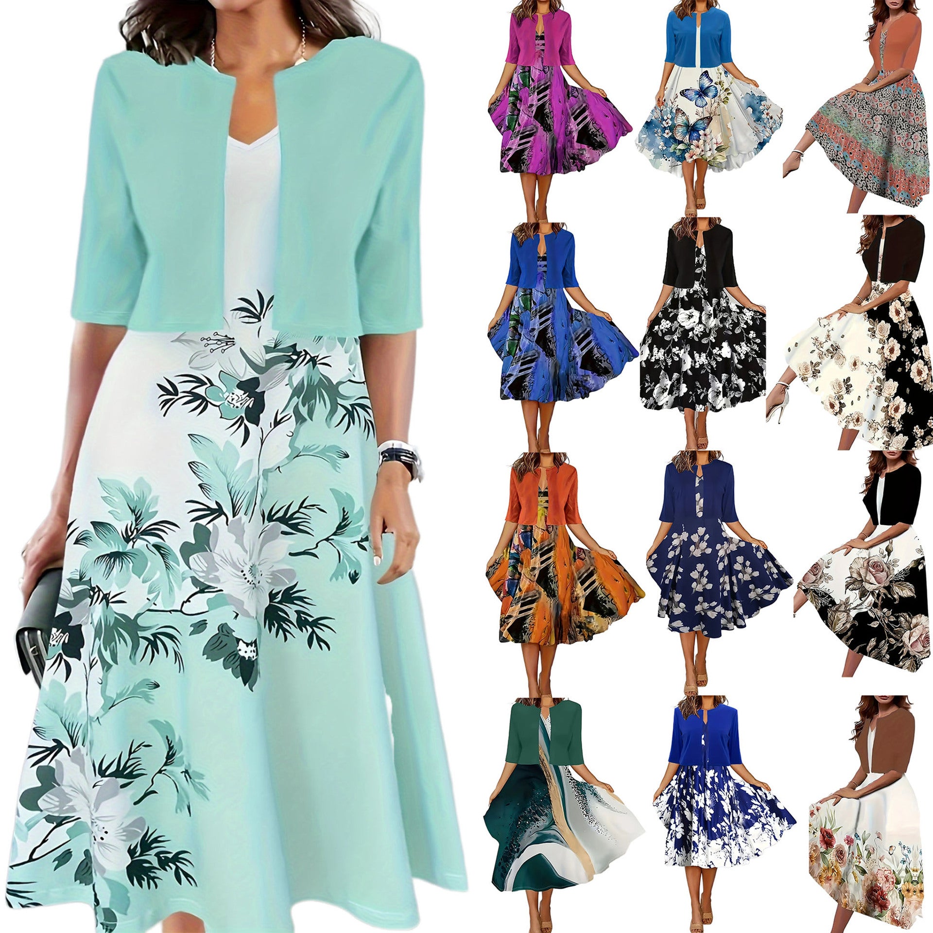 Women's Floral Midi Dress with Jacket Elegant Two Piece Dress Set - Seldom Seen Styles