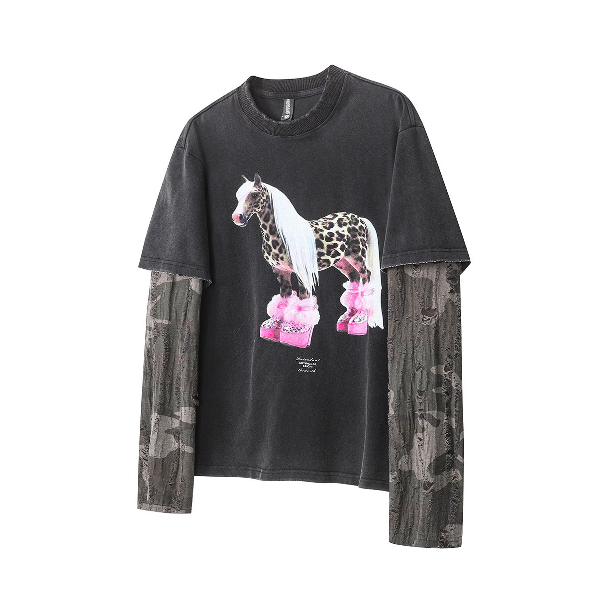 Faux Two-Piece Distressed Camo Sleeve Long Sleeve Tee - Washed Black