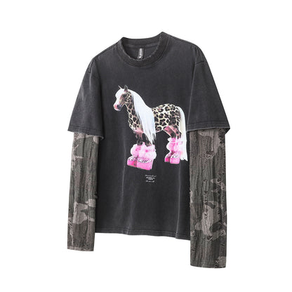 Faux Two-Piece Distressed Camo Sleeve Long Sleeve Tee - Washed Black