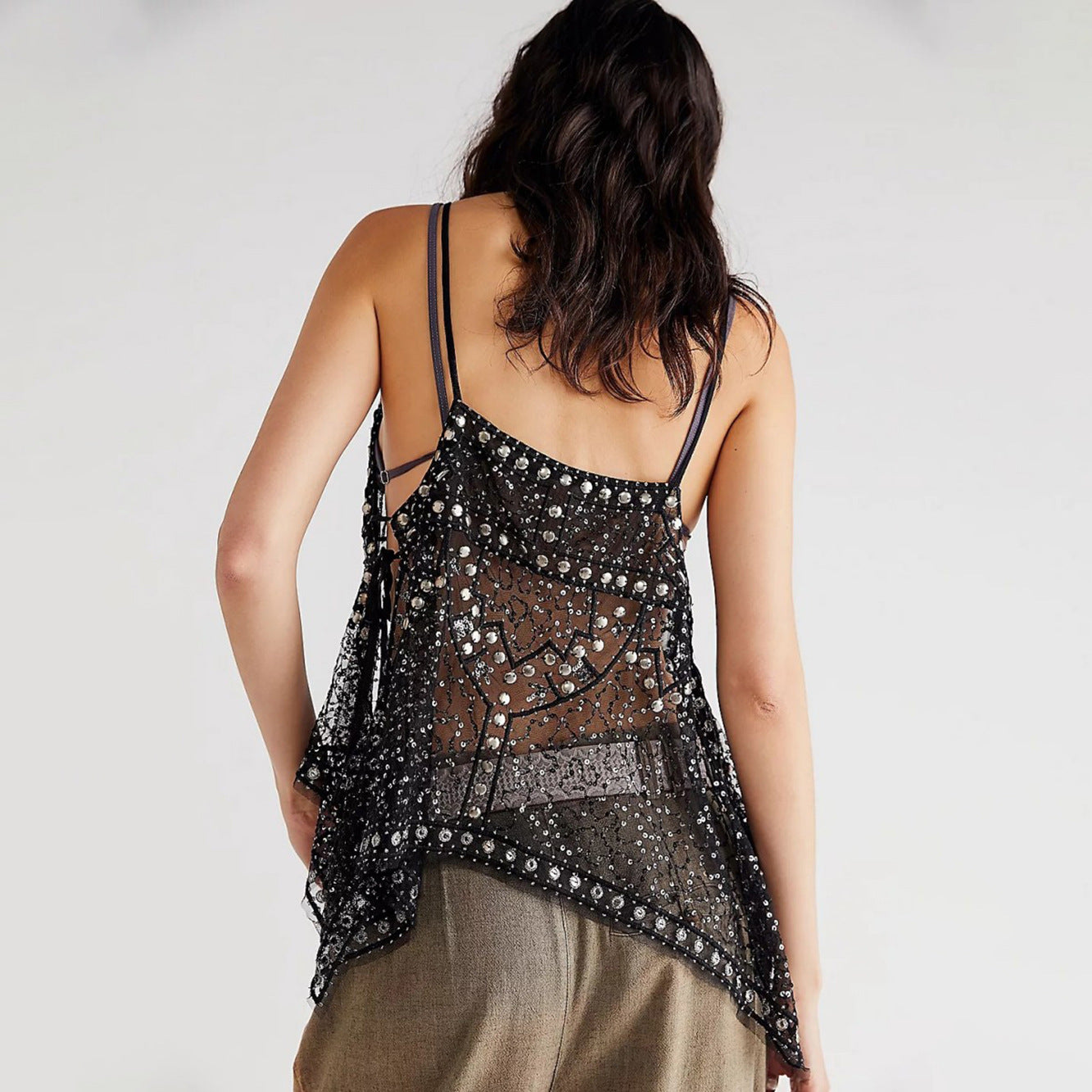 Women Y2K Sequin Mesh Tank Top Glitter Floral Embroidered Cami Crop Top Sleeveless Backless Rhinestone Camisole - Seldom Seen Styles