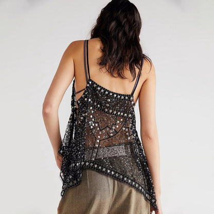 Women Y2K Sequin Mesh Tank Top Glitter Floral Embroidered Cami Crop Top Sleeveless Backless Rhinestone Camisole