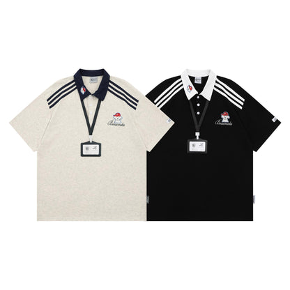 Puppy Embroidered Polo Collar Short Sleeve T-Shirt Striped Loose Fit College Couple Casual Streetwear Versatile Top | Pup Polo Tee