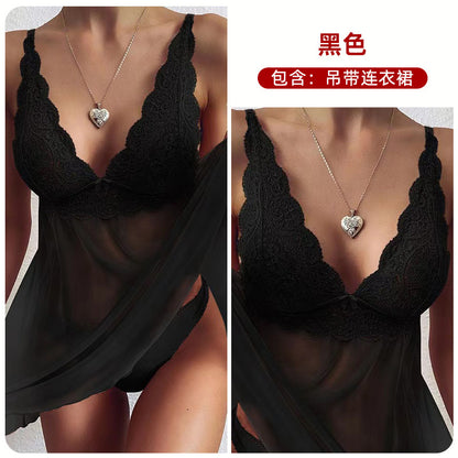 Women's Sheer Mesh Babydoll Lingerie Set Floral Lace V Neck Chemise Nightgown Sexy Sleepwear with Matching Panties