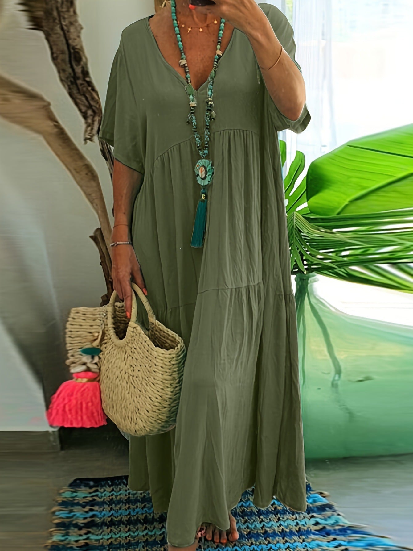 Women's Solid Color Loose V-Neck Short Sleeve Big Swing Maxi Dress Summer Casual Vacation Outfit Plus Size - Seldom Seen Styles