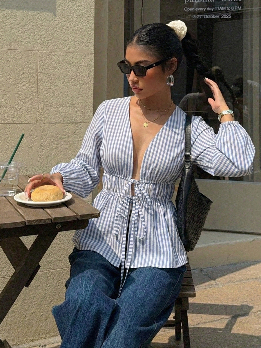 Women's Blue Striped Long Sleeve Tie Blouse Elegant Crew Neck Loose Fit Polyester Casual Vacation Spring Summer Office Work Blouse Top - Seldom Seen Styles