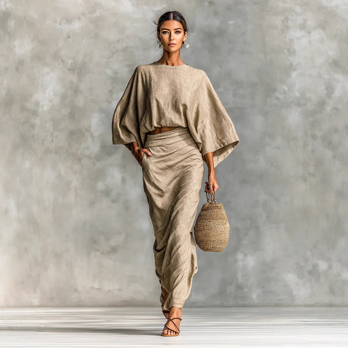 Women's Linen Blend Batwing Sleeve Top and Maxi Skirt Set Elegant Two Piece Matching Outfit