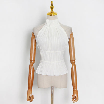 Haut court sans manches et dos nu à lacets, col roulé, en dentelle, pour femme, style printemps, sexy, doux et épicé.