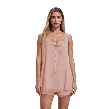 Nouvelle nuisette sexy pure désir, dos nu, col en U, sans manches, haut fluide + short, ensemble 2 pièces