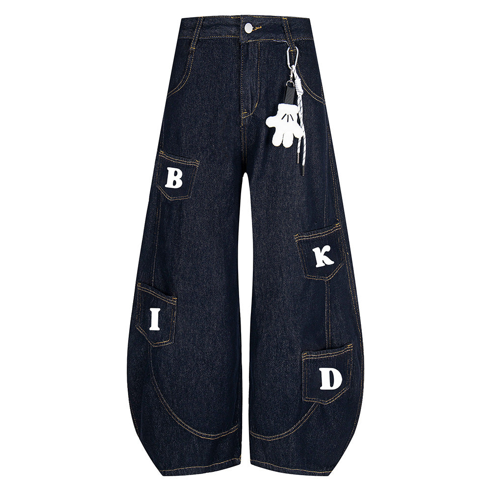 DARKAGE BKID Multi-Pocket Washed Vintage Wide-Leg Jeans