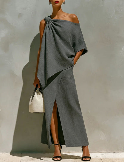 Women's One Shoulder Knot Front Slit Irregular Two Piece Set Solid Color Summer Vacation Outfit