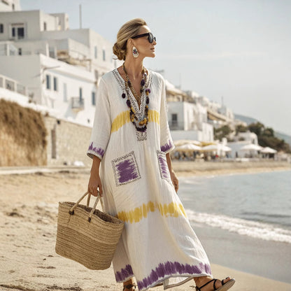 Women's Boho Linen Maxi Dress Oversized Kaftan Beach Cover Up Vacation Resort Dress