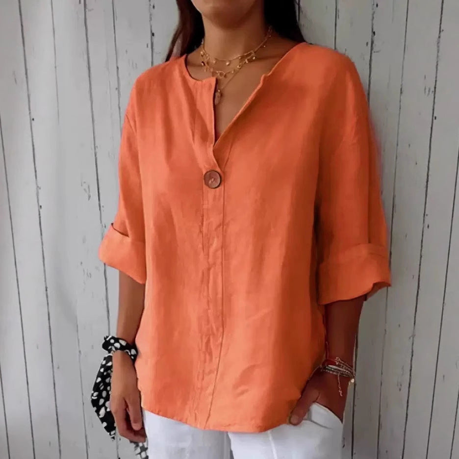 Women's Cotton Linen V-Neck Loose T-Shirt Button Detail Summer Casual Breathable Top Plus Size - Seldom Seen Styles
