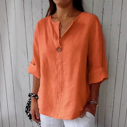 Women's Cotton Linen V-Neck Loose T-Shirt Button Detail Summer Casual Breathable Top Plus Size