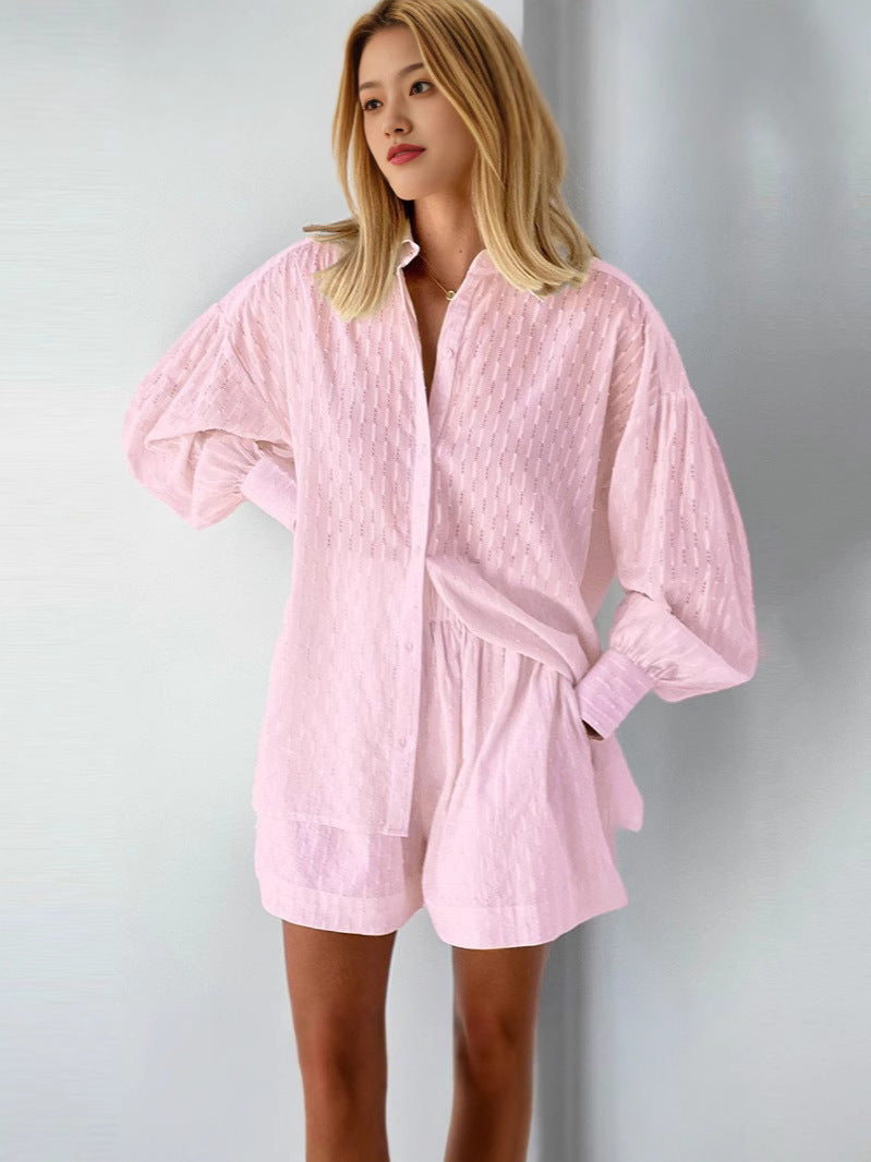 Women's Jacquard Bubble Sleeve Shirt Shorts Two-Piece Set Casual Commuter Chic Summer Outfit - Seldom Seen Styles