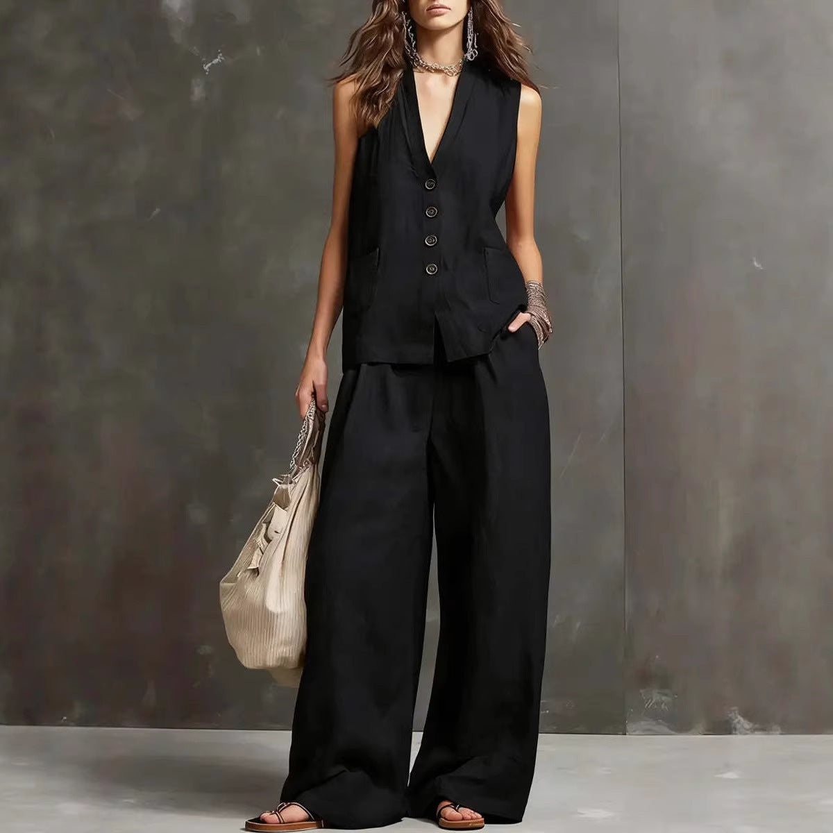 Women's Sleeveless Vest Wide Leg Pants Linen Two Piece Set Summer Casual Vacation Outfit - Seldom Seen Styles