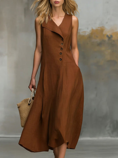 Women's Sleeveless Linen Midi Dress Button Front Lapel V Neck Casual A Line Summer Dress with Pockets