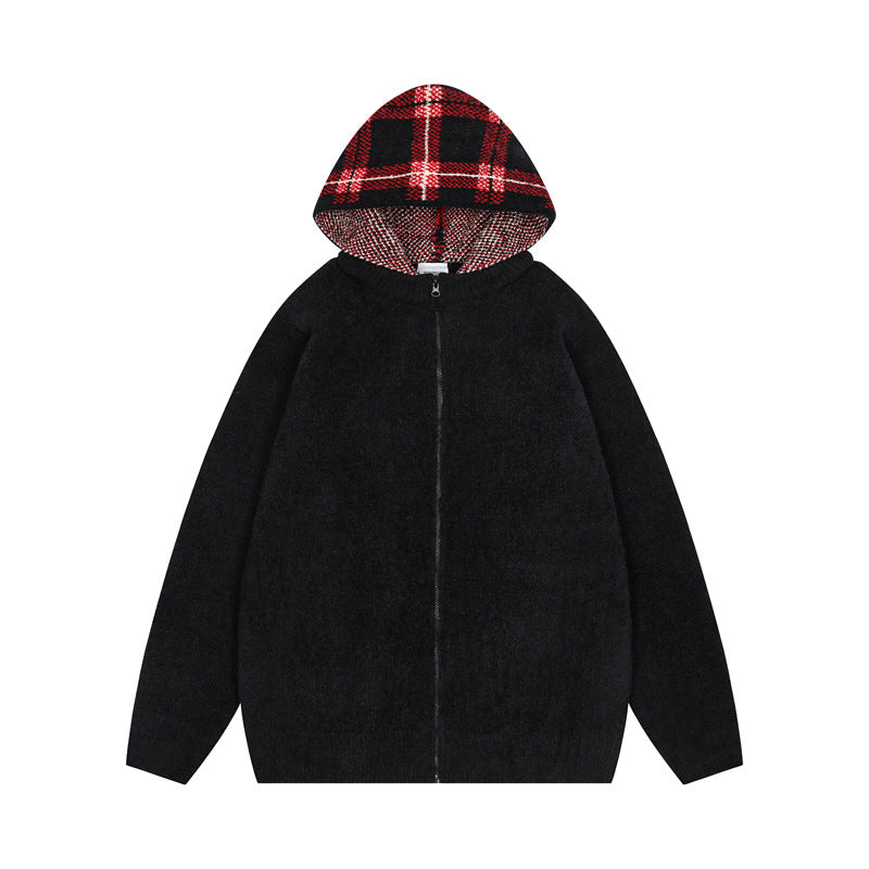 Korean Hooded Zip Knit Sweater Thickened Retro Couple Casual Street Trendy | Hood Zip Knit