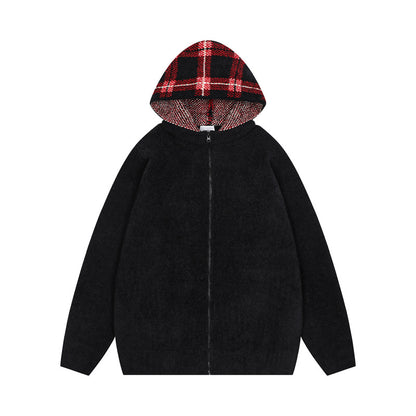 Korean Hooded Zip Knit Sweater Thickened Retro Couple Casual Street Trendy | Hood Zip Knit