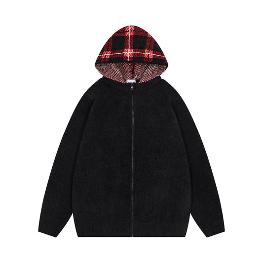 Korean Hooded Zip Knit Sweater Thickened Retro Couple Casual Street Trendy | Hood Zip Knit