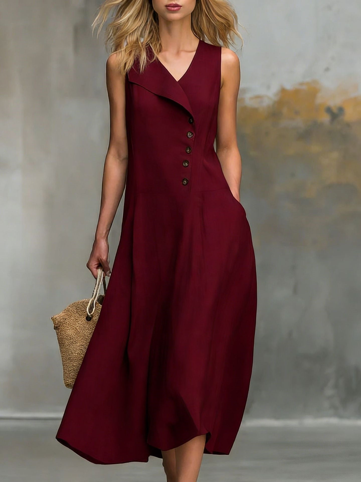 Women's Sleeveless Linen Midi Dress Button Front Lapel V Neck Casual A Line Summer Dress with Pockets - Seldom Seen Styles