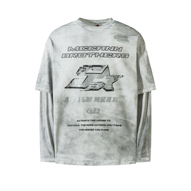Women's American Washed Spray Paint Fake Two-Piece Long Sleeve T-Shirt Street Loose Unisex Casual Versatile Top | Spray Wash Tee