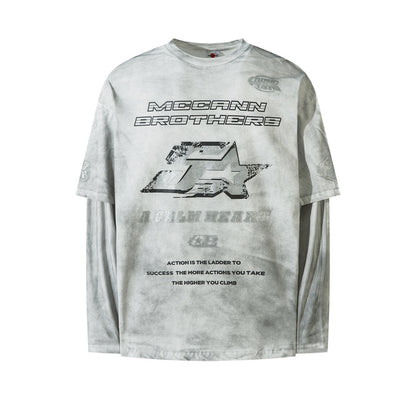 Women's American Washed Spray Paint Fake Two-Piece Long Sleeve T-Shirt Street Loose Unisex Casual Versatile Top | Spray Wash Tee
