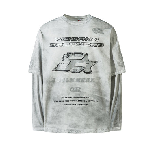 Women's American Washed Spray Paint Fake Two-Piece Long Sleeve T-Shirt Street Loose Unisex Casual Versatile Top | Spray Wash Tee