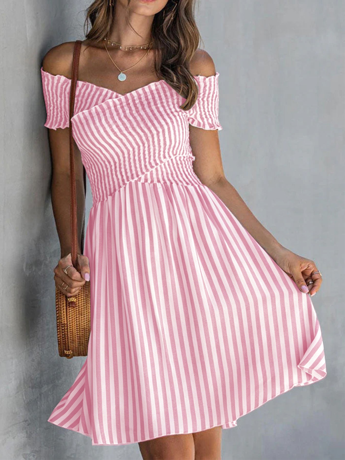 Women's Off Shoulder Striped Maxi Dress Slim Fit Summer Vacation Dress
