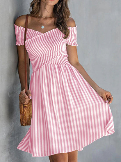 Women's Off Shoulder Striped Maxi Dress Slim Fit Summer Vacation Dress