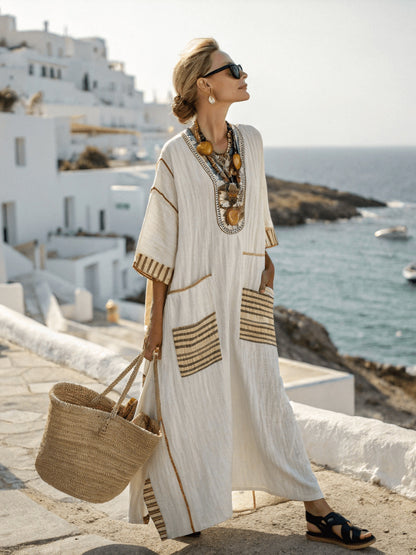 Women's Boho Linen Maxi Dress Oversized Kaftan Beach Cover Up Vacation Resort Dress
